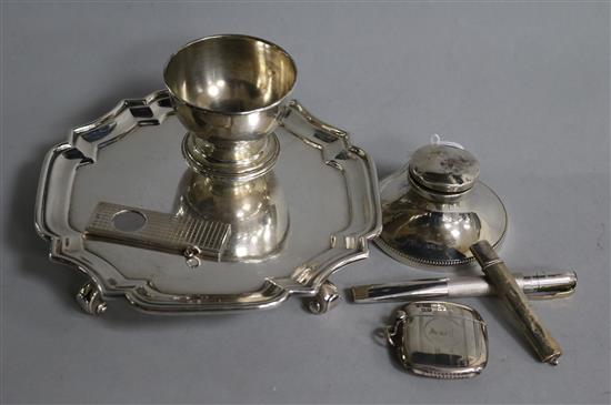 A silver waiter, silver inkwell, small footed bowl, vesta case, cigar cutter and retractable penknife and pencil (8)